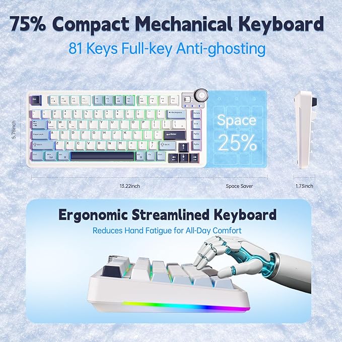Aula AU75 Mechanical Keyboard,Wireless Gaming Keyboard with Knob,75% Hot Swappable RGB Backlit Custom PBT Keycap for Windows/Mac - Seiya Switch,Blue