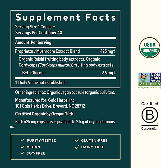 Gaia Herbs Respiratory Mushroom Blend - Immune Support Herbal Supplement to Help Maintain Overall Lung and Respiratory Health - WIth Reishi and Cordyceps* Mushrooms - 40 Vegan Capsules (40-Day Supply)