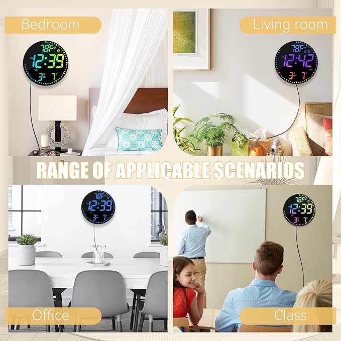 Kasbin 12” Digital Wall Clock with App Control, Large LED, WiFi Sync, Date Temperature, Auto Brightness, Seconds Display, Dual Alarm, 12 RGB Colors for Living Room, Office, Bedroom, Gift for Elderly