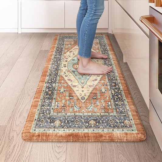 KIMODE Anti Fatigue Kitchen Mats 20"x39", Boho Vintage Kitchen Floor Mats Non Slip, Waterproof Kitchen Mats for Floor, Farmhouse Comfort Standing Mats for Laundry, Office, Sink, Desk Orange
