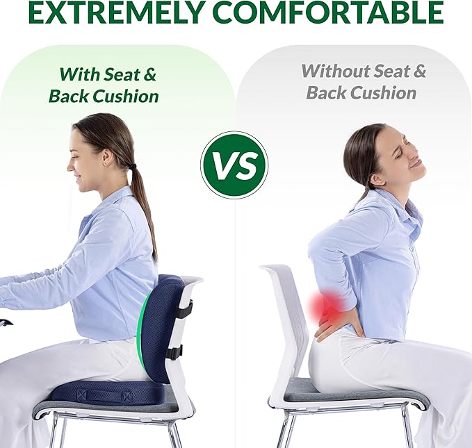Charcoal Memory Foam Seat Cushion & Adjustable Lumbar Pillow Set - Back Support for Pain Relief (Sciatica,Tailbone),Washable & Non-Slip,Multipurpose for Office,Car,Wheelchair - Navy Blue