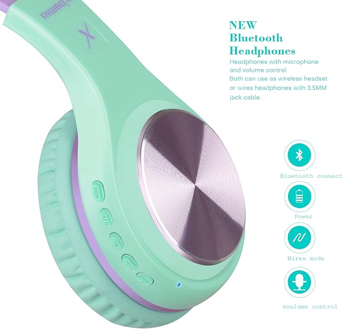 Riwbox Bluetooth Headphones, XBT-80 Folding Stereo Wireless Bluetooth Headphones Over Ear with Microphone and Volume Control, Wireless and Wired Headset for PC/Cell Phones/TV/Gym (Purple Green)