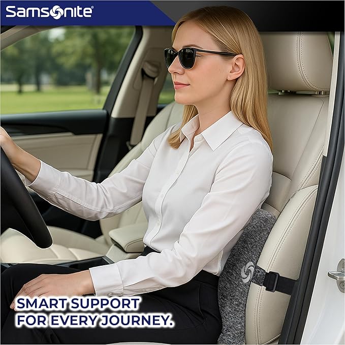 Samsonite Ergonomic Lumbar Support Pillow for Office Chair and Car Seat - Memory Foam Back Support Lumbar Pillow Premium Cushion Chair Support for Lower Back Pain Relief and Versatile Use - Grey