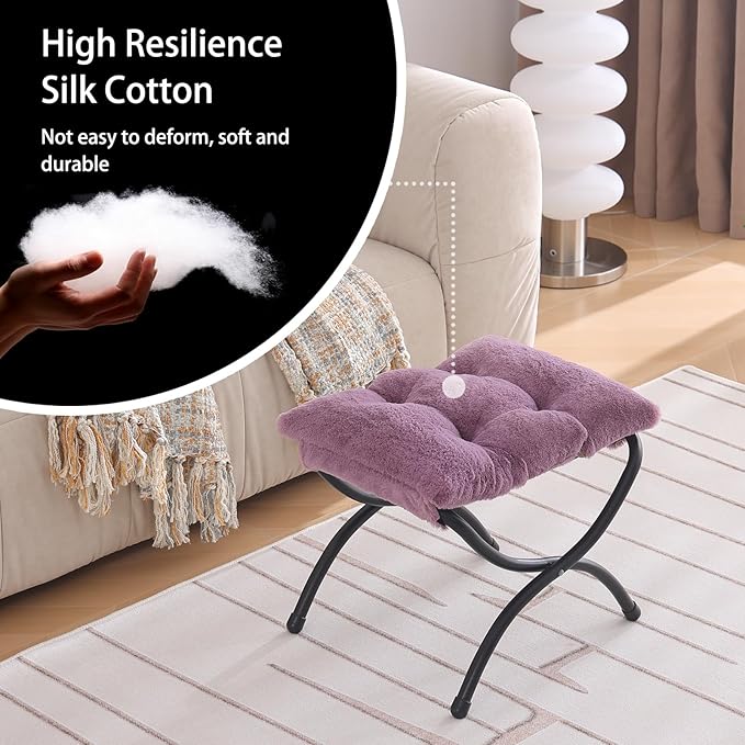 Welnow Folding Foot Stool, Upholstered Small Accent Ottoman with Detachable Thick Cotton Cushion Padded Sofa Stool and Metal Frame for Lazy Chair, Living Room, Bedroom, Plush Purple