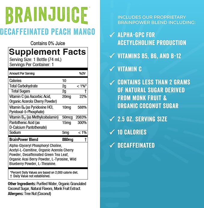 BrainJuice Decaf Brain Support Shot, Gluten Free Supplement Shots for Energy & Focus, Healthy Drinks with Alpha GPC, Vitamin B & Decaffeinated Green Tea Leaf, Peach Mango, 2.5 fl oz, 12 Pack