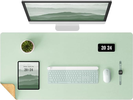 Aothia Double-Sided Desk Pad – 25.6"x13.7" Large Mouse Pad, Leather Desk Mat with Eco Cork Protector, Waterproof Desk Blotter for Office/Home (Aqua)