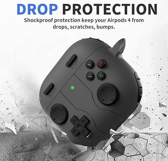 DamonLight Game Case for AirPods 4 Cover Shock-Proof Protective Silicone Case with Cleaning Pen and Keychain Accessories for Apple Airpods 4th Generation (Black)