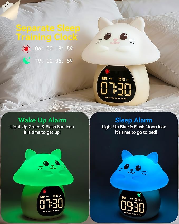 Yiliaw Sleep Training Alarm Clock with Night Light for Kids - Ok to Wake Clock with Dual Alarms, Night Light & RGB Colors, 6 Alarm Tones & White Noise, Rechargeable Clock for Boys & Girls, Cat
