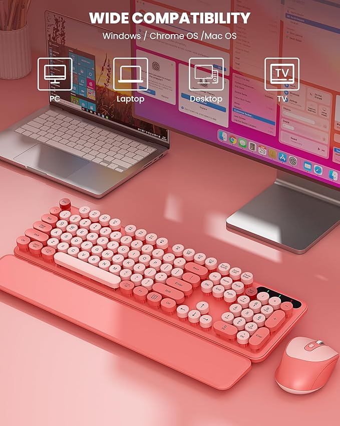 Wireless Keyboard and Mouse - Cute Round Keycaps, Detachable Wrist Rest, Full-Size Retro Typewriter Keyboard with Tilt Legs, 2.4G Wireless Combo for Women, PC, Laptop, Windows - Trueque (Blush Pink)