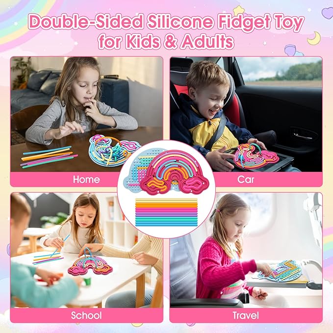 2 Pack Sensory Activity Board Silicone Fidget Toy, Double-Sided Rainbow Sensory Toys for Autism, Stress, Anxiety, ADHD, Kids 3+& Adults, Includes Travel Bag & 24 Strings, Red & Blue