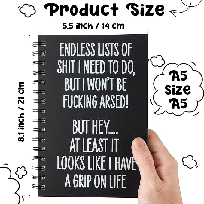 Funny Spiral Journal Notebook - 1Pcs ENDLESS LISTS Humorous Quote A5 Spiral Notebook Black Hardcover Diary Notepad Office Coworker White Elephant Gift College Student Gift Birthday Party Favor