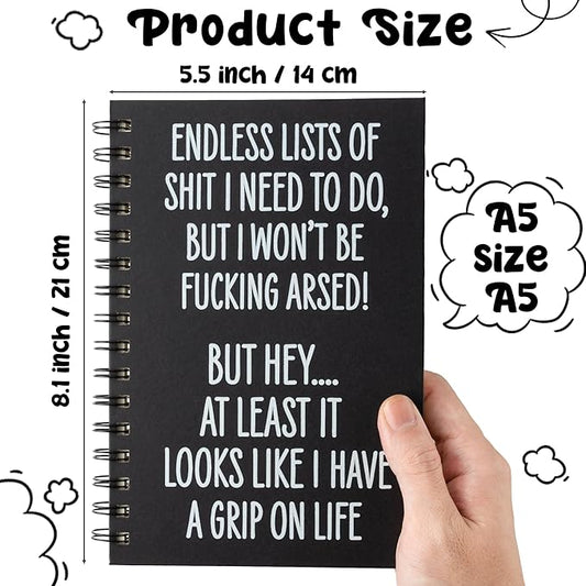 Funny Spiral Journal Notebook - 1Pcs ENDLESS LISTS Humorous Quote A5 Spiral Notebook Black Hardcover Diary Notepad Office Coworker White Elephant Gift College Student Gift Birthday Party Favor