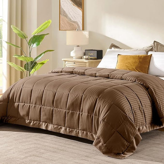 downluxe Twin Blanket with Satin Trim, Lightweight Down Alternative Blanket Twin Size for All Season, Machine Washable (Brown, 66 X 90 Inch)