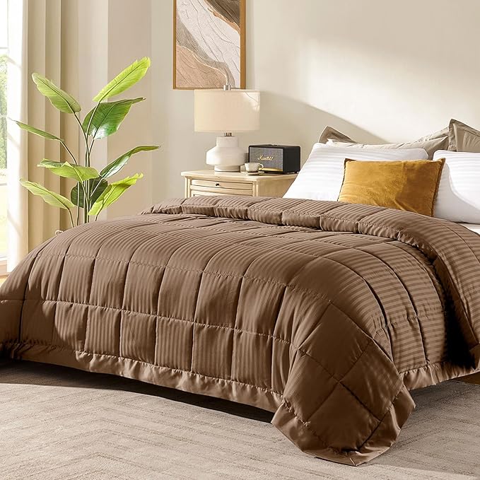 downluxe King Size Blanket with Satin Trim, Lightweight Down Alternative King Blanket for All Season, Machine Washable (Brown, 108 x 90 Inch)