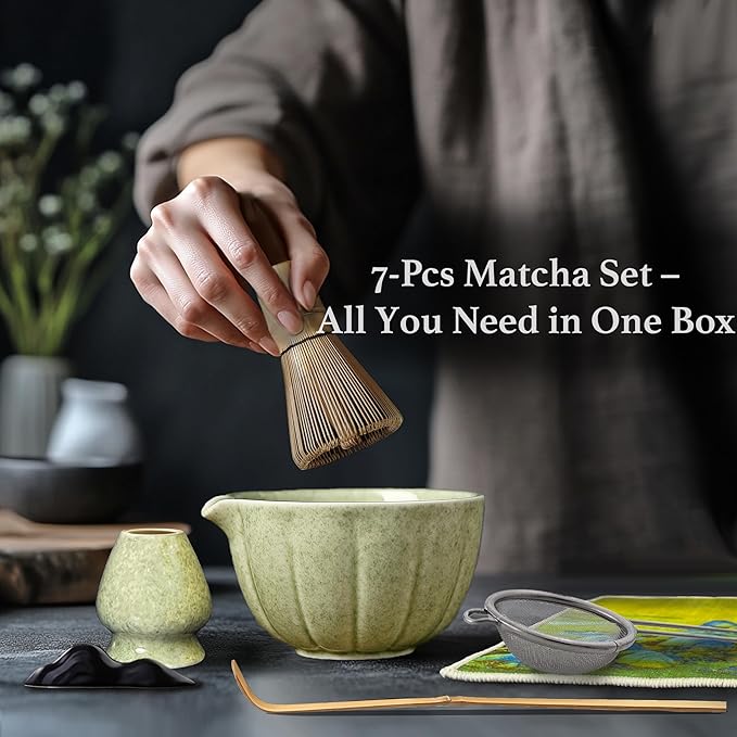 Green Matcha Whisk Set – 7 Pcs Japanese Matcha Kit, Bowl (Chawan) with Spout, Bamboo Whisk (Chasen) & Holder, Scoop (Chashaku), Sifter, Tea Towel – Perfect for Matcha Lovers & Tea Ceremony