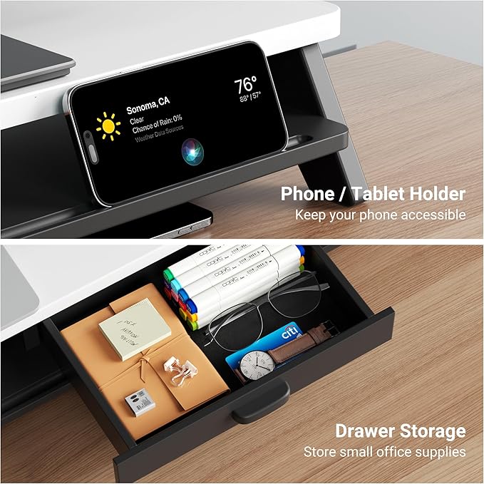 Dual Monitor Stand Riser,LED 2-Tier 39.3 Inch Computer Monitor Stand for 2 Monitors,Office Desktop Organizer with Storage Drawer and Phone Holder for Laptop,PC,Computer,Printer,White