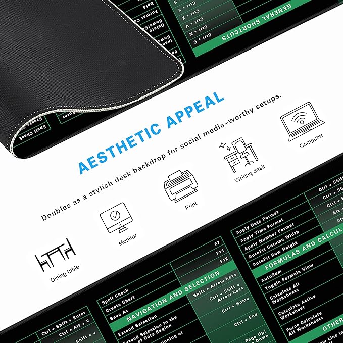 Excel Cheat Sheet Desk Pad, 31.5"x11.8", Waterproof Extra Large Excel Shortcut Mat with Stitched Edges, Anti-Slip Excel Mouse Pad for Office Desk, MS Excel/Word Shortcuts (Green Excel K)
