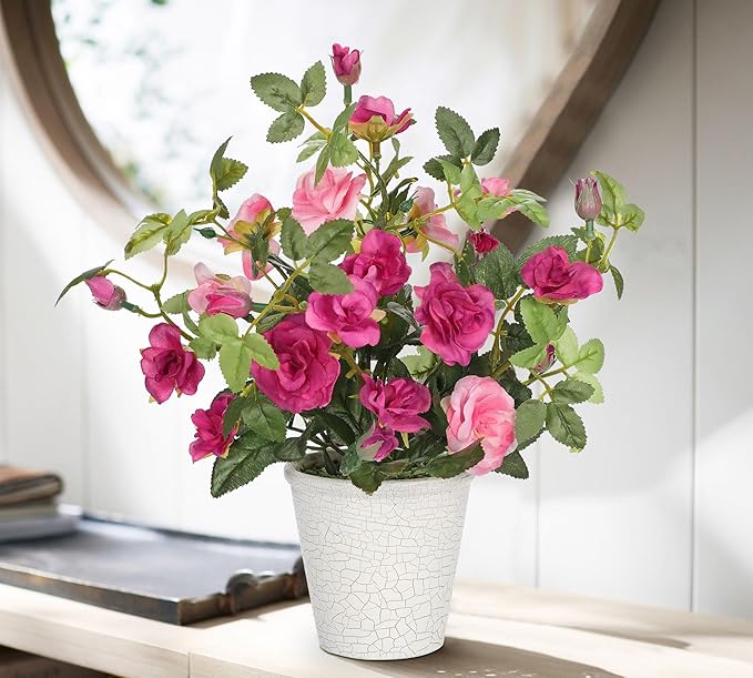 Hollyone Artificial Plants & Flowers in Vase Red Camellia Roses Small Faux Flower Plant Arrangement with Pot Fake Rose Flowers Home Decor Office Bathroom Shelf Desk Table Decoration