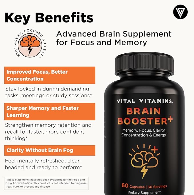 Vital Vitamins Nootropic Brain Supplement Plus - for Memory, Focus, Concentration, Neuro Energy, Clarity - with Lion's Mane Mushrooms - 60 Capsules