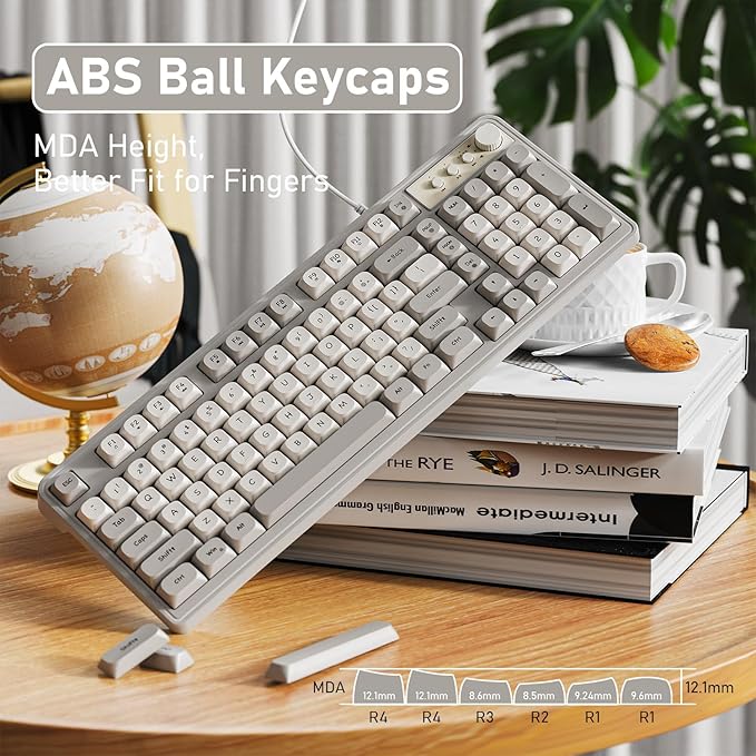 EWEADN G98 RGB Gaming Keyboard Wired, Retro Creamy Membrane Keyboards with Media Knob, Number Pad RGB Backlit, 98 Keys Quite Membrane Computer Keyboard for MAC Xbox PC Gamer - White&Grey