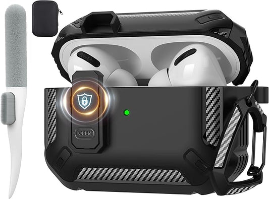 Maxjoy for AirPods Pro Case Cover with Lock, AirPods Pro 1st Generation Case for Men Military Rugged Protective Cover with Keychain Compatible with Apple AirPod Pros 2019 Front LED Visible, Black