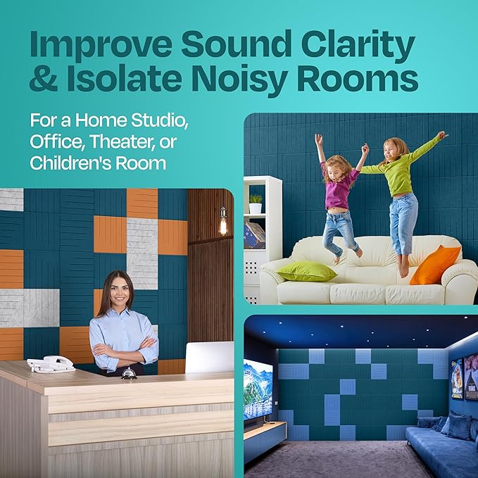 Acoustic Panels 12-Pack Soundproof Wall Panels 12"x12"x0.4" Decorative Sound Dampening for your Home, Office, Studio, Bedroom & More with Unique LineWave Carving [Ocean Turquoise]