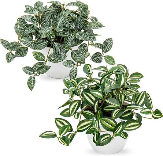 Hollyone Fake Plants 2 Packs Artificial Plants Indoor Faux Plants with White Plastic Pot Small Fake Potted Plant for Home Aesthetic Living Room Bathroom Desk Shelf Office Decor