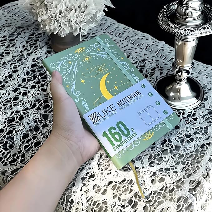 BUKE A5 Dotted Journal – 160gsm Ultra Bamboo Paper, Moon & Star Foil Cover, Flat Lay Notebook with Gift Box – 160 Pages, 5mm Dot Grid, Faux Leather Hardcover (Matcha Green)