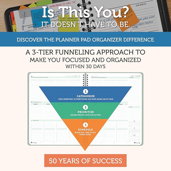 Planner Pad Spiral Bound 3-Tier Funnel Down 12 Month Organizer, July 2025 – June 2026 / Academic Year, Greenish Grey Cover/Soft Green Ink, 6 3/4" x 8 1/2"