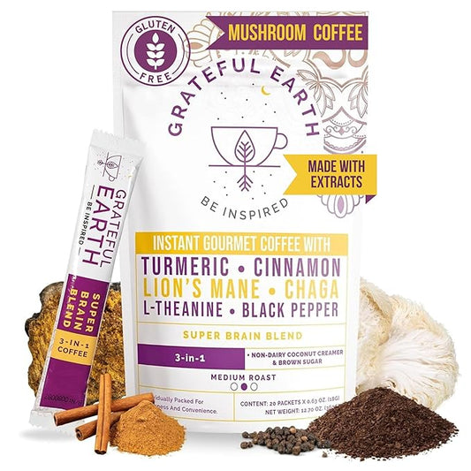 Grateful Earth Mushroom Coffee, Coconut Instant Coffee with Lion’s Mane Mushrooms, Chaga, Turmeric, L-Theanine, Cinnamon, Super Brain Blend For Energy & Immune Support, Dairy & Gluten Free, 20 Packets
