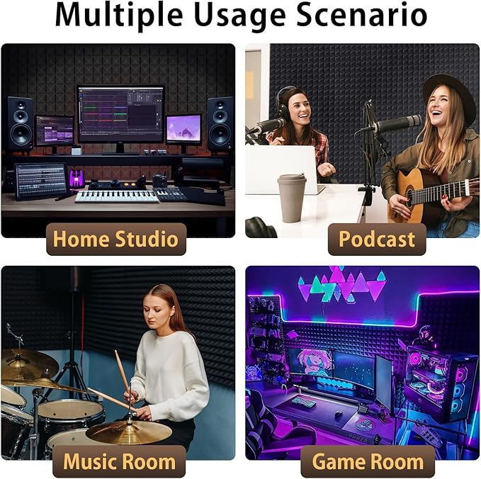 12 Pack Sound Proof Foam Panels for Walls 2" X 12" X 12" Pyramid Acoustic Foam Panels with Self-Adhesive High Density Sound-Absorbing and Soundproof Wall Panels