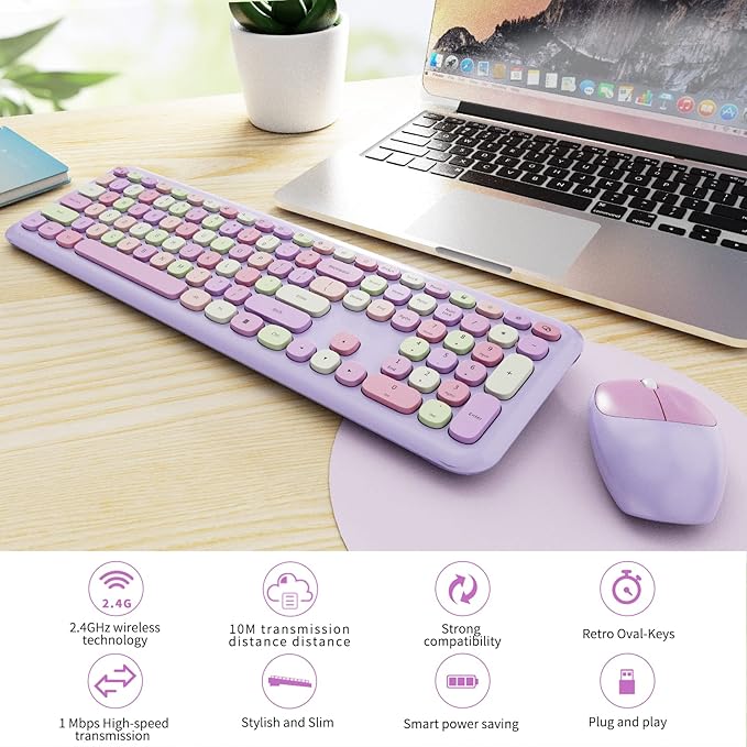 Wireless Keyboard and Mouse Combo, Colorful Ergonomic Full Size Retro Low-Noise Keyboard with Cute keycaps, Compatible with Windows, PC, Perfer for Home and Office Keyboards (Purple)