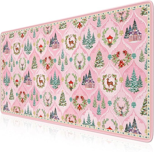 iCasso Christmas Desk Mat, Pastel Pink Mouse Pad, Desk Protector Mat, Extra Large Office Matt for Desktop, Anti-Slip XXL Big Mousepad with Stitched Edges for Computer Keyboard