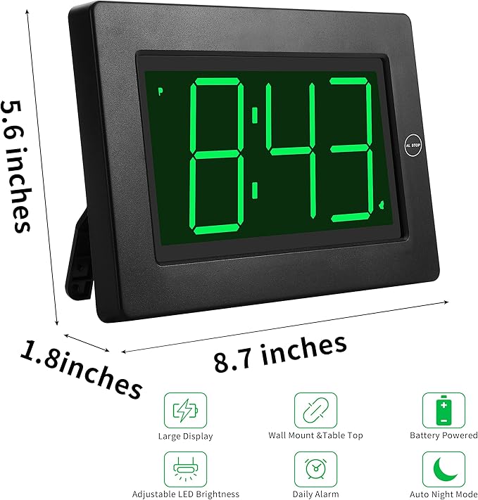 KWANWA Alarm Clock, Wall Clock, Digital Clock, 3" LED Digit Display, Battery Operated, Adjustable Brightness, Auto Night Mode, Auto Alarm Volume Increasing, Wall-Mount & Table-top