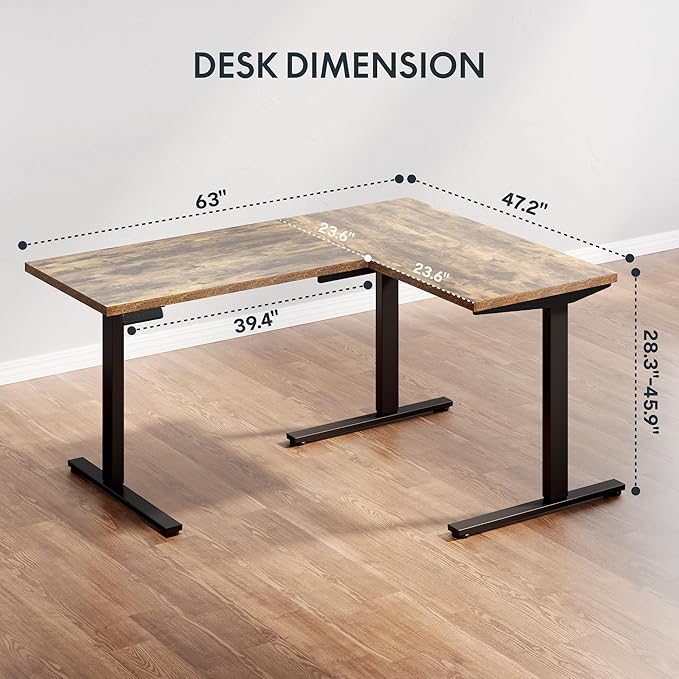 SANODESK L Shaped Electric Standing Desk with Drawer, 63 Inch Ergonomic Adjustable Height Desk with Storage, Corner Desk Sit Stand up Computer Table for Work Office Home, Rustic Brown