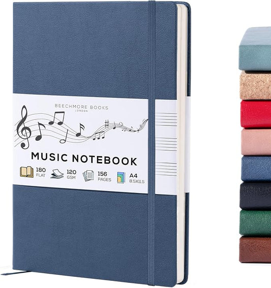 BEECHMORE BOOKS Blank Sheet Music Notebook – A4 8.5x11.5 for Songwriters, Musicians & Composers, 156 Thick 120gsm Pages, 10-Staff Perforated Sheets, Vegan Leather Hardcover, Elastic Closure, Gift Box