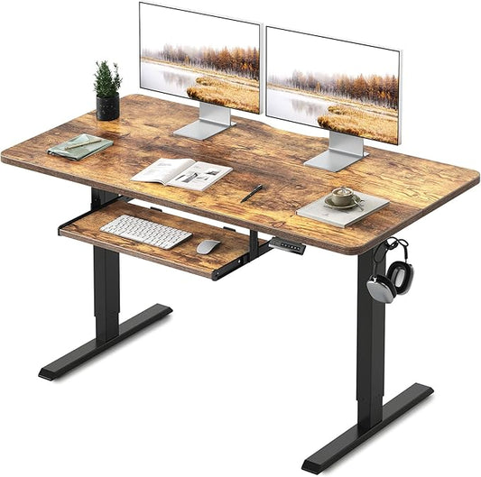 FEZIBO Standing Desk with Keyboard Tray, 55 x 24 Inch Adjustable Height Sit Stand Desk with Memory Presets for Home Office, Ergonomic Computer Workstation, Rustic Brown
