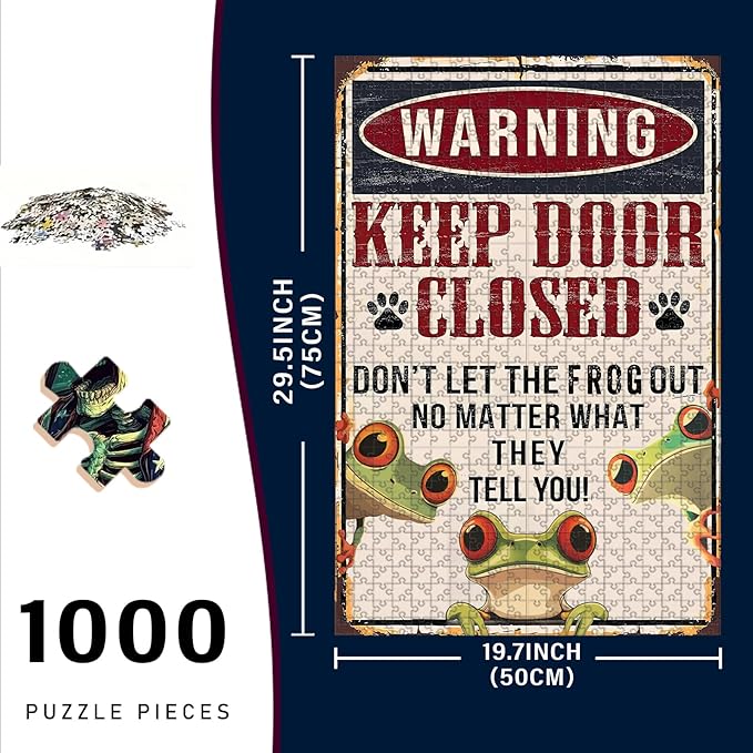 1000 Piece Wooden Jigsaw Puzzle Keep Door Closed Don't Let The Frogs Out No Matter What They Tell You Adults Kids Challenging Game Educational Stress Relief Time 29.5x19.7 Inch