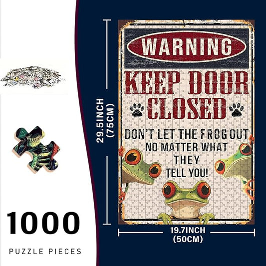 1000 Piece Wooden Jigsaw Puzzle Keep Door Closed Don't Let The Frogs Out No Matter What They Tell You Adults Kids Challenging Game Educational Stress Relief Time 29.5x19.7 Inch