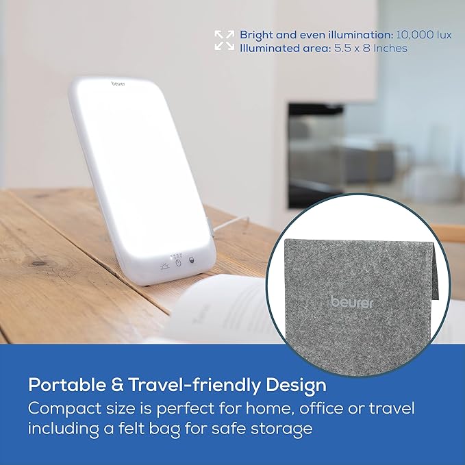 Beurer TL35 Light Therapy Lamp with 10,000 Lux LED with 3 Color Temperatures, 4 Dimmer Levels, Timer, Auto Switch-Off, and Adjustable Stand for Home, Office, or Travel