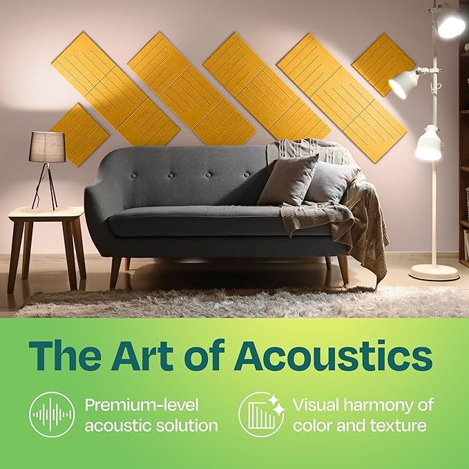 Acoustic Panels 12-Pack Soundproof Wall Panels 12"x12"x0.4" Decorative Sound Dampening for your Home, Office, Studio, Bedroom & More with Unique LineWave Carving [Yellow Orange Gold]