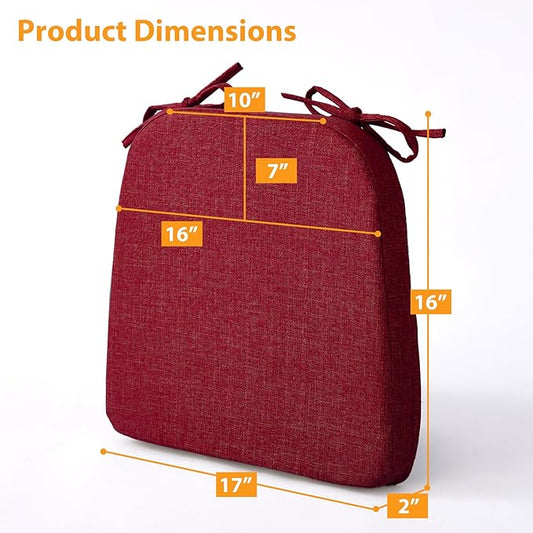 Chair Cushions for Dining Chairs, 2" Thick Seat Cushions for Kitchen Chairs, D-Shaped Chair Pads with Washable Cover, Ties and Non Slip Backing, 17'' x 16'', Set of 4, Red