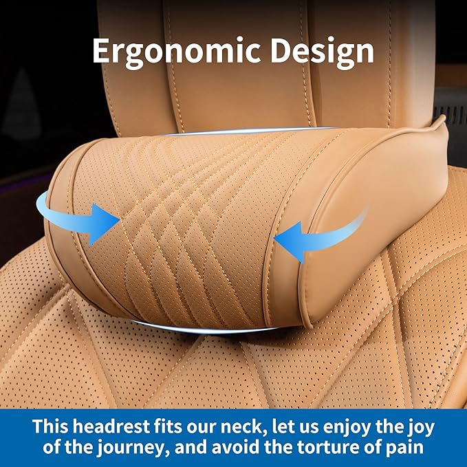 Car Headrest Memory Foam Neck Pillow for Driving with Leather Cover Soft Comfortable Seat Head Pillow Cushion for Most Cars SUV Sedan Home Office Palomino Brown (2PC)