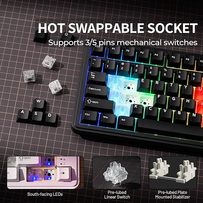 x XVX M75 75% Wireless Gaming Mechanical Keyboard, BT5.0/2.4GHz/USB-C,Hot Swappable Creamy Pre-lubed Switches, Gasket Structure,RGB Backlit Black Keyboard w/Knob for PC/Laptop/Xbox/PS4/PS5,LUMINA CORE