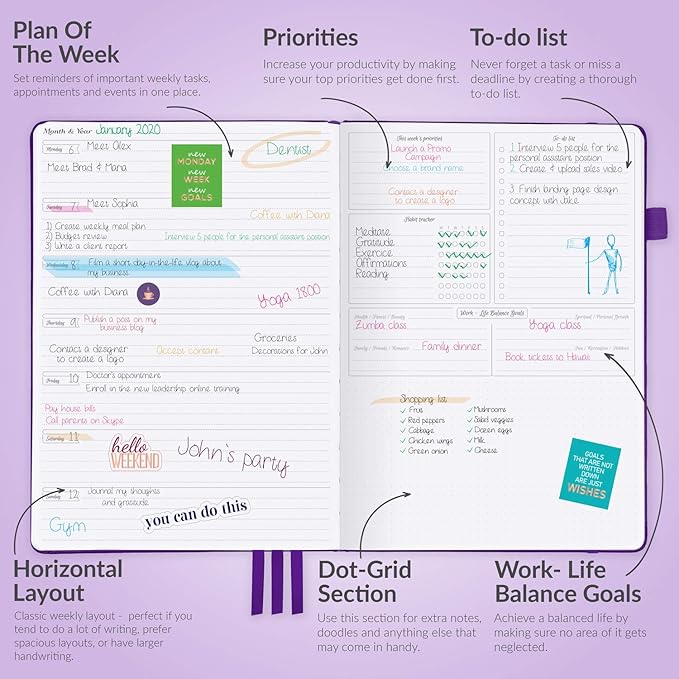 GoGirl Planner PRO - Undated Horizontal Layout Weekly Planner and Organizer + Budgeting and Expense Tracking Pages, Goals Journal & Agenda, 7" x 10" Hardcover, Lasts 1 Year - Purple