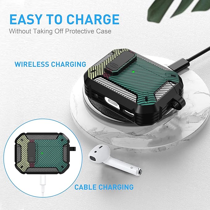 Maxjoy AirPods Pro 2nd/1st Generation Case Cover with Lock, AirPods Pro 2 Protective Case with Keychain Compatible with Apple AirPod Pro2 2023 USB C 2022 Lightning Cable/ Pro1 2019, Carbon Fiber Green