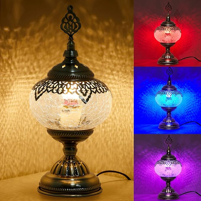 Large Globe Turkish Moroccan Table Lamp Handmade Vintage Moroccan Glass Lampshade Turkish Desk Lamp Bohemian Decorative Night Light for Bedroom, Living Room, LED Bulb Included (Bright)
