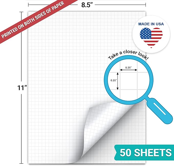 321Done Double Sided Graph Paper Notepad, 0.25 Grid, 8.5x11, Made in The USA, Quad Ruled Pad for Writing, Drawing, Sketching Bullet Journaling (50 Sheets) Thick Heavy White Paper