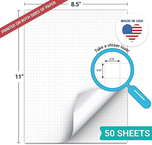 321Done Double Sided Graph Paper Notepad, 0.25 Grid, 8.5x11, Made in The USA, Quad Ruled Pad for Writing, Drawing, Sketching Bullet Journaling (50 Sheets) Thick Heavy White Paper