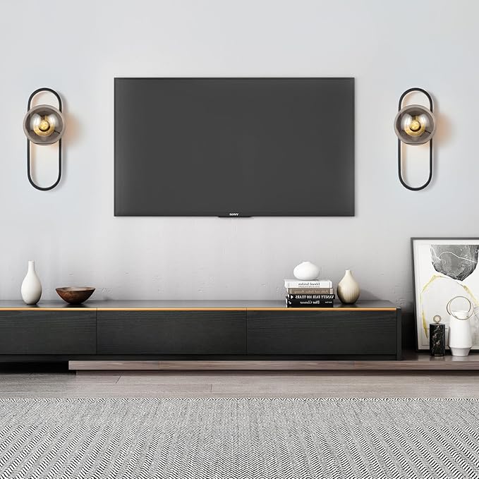 Wall Sconces Set of Two,Matte Black Wall Light Sconces with Grey Globe Glass Shade for Living Room and Bedrooms